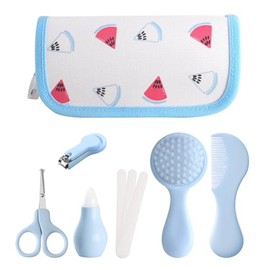 Baby Grooming Kit 6 - Piece Set in Storage Bag(Blue) - Soft Brush, Comb, Nail Clippers, Nasal Aspirator, Safety Scissors & File for Newborn/Toddler Ca