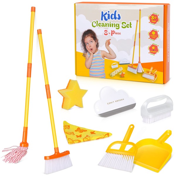 Almcmy Kids Cleaning Toy Set, 8 Piece Housekeeping Play Set Includes Mop, Broom, Dustpan, Brush, Squeegee, Scrub Brush, Cleaning Rag & Sponge, Pretend Play House Cleaning Kit for Toddlers