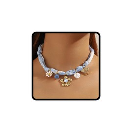 Blue Scarf Necklace for Women Trendy Scarf Bow Flower Pearl Daisy Charm Necklace Adjustable Blue Silk Scarf Collar Choker Bohemian Party Daily Jewelry Accessories Gifts for Her