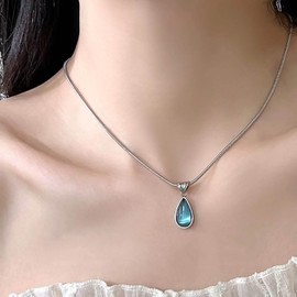 Inateannal Vintage Blue Teardrop Necklace Silver Teardrop Pendant Necklace Blue Topaz Chain Necklace Waterdrop Wedding Necklace Jewelry for Women and Girls