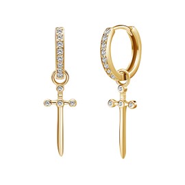 Solid 925 Sterling Silver Sword Hoop Earrings for Women, Trendy CZ Dagger Drop Earrings Jewelry Gift for Her, 14K Gold Plated