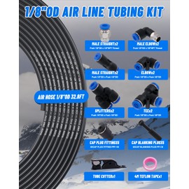 EilxMag 1/8" Air Line Tubing Kit, 32.8FT(10M) SAE J844 PA Nylon Air Hose Tubing with Cutter and Teflon Tape, 1/8" Air Hose with Push to Connect Fittings for Air Brake System Or Fluid Transfer(25PCS)