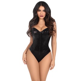 Leg Avenue 2 PC Sequin boned snap crotch bodysuit with detachable clear straps, BLACK, MEDIUM