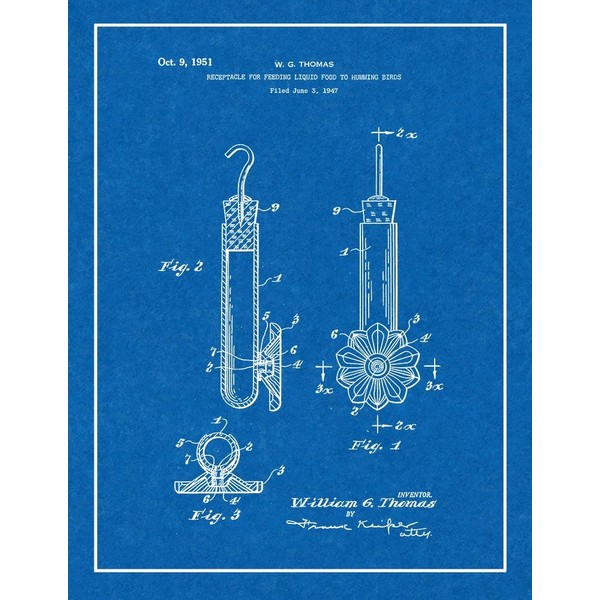 Humming Bird Feeder Patent Print Blueprint with Border (11" x