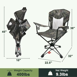 HUNTPAL 360° Swivel Hunting Chair for Blinds, Foldable Steel Frame Fishing Seat with Armrests, Rotary Locking, Taller backrest & Carry Shoulder Strap, Camo Water-Resistant 600D Canvas