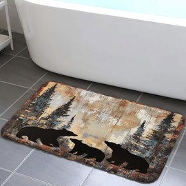 Bear Bath Mat Rustic Cabin Lodge Woodland Wildlife Bath Rug Animal Hunting Camo Black Bear in The Woods Bathroom Accessories Soft Non Slip Rug Sets for Bathroom Bedroom Kitchen Outdoor Indoor 17X29IN