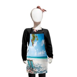 Lunarable Seaside Apron, Beach Chairs Under Tree Shade Tourist Resort Relax Seascape, Small Apron Bib with Adjustable Ties for Baking Painting, Small Size, Turquoise Pale Blue