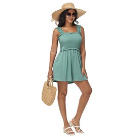 Tanou Women's Summer Sleeveless Shirred Rompers Square Collar Ruffle Straps Flowy Short Jumpsuit with Pockets Green S