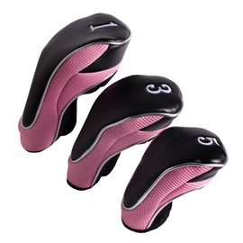 Andux Golf Club 460cc Driver Fairway Wood Head Covers with Hook & Loop Set of 3 (Black/Pink)