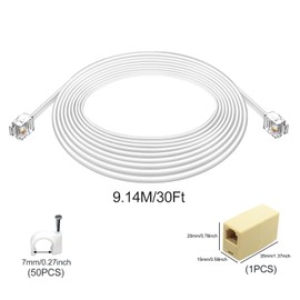 OLIREXD 2PCS 30Ft Phone Extension Cord Male to Male Telephone Flat Cord with Standard RJ11 6P4C Plug and 1 in-Line Coupler 50PCS Cable Clamp Holders