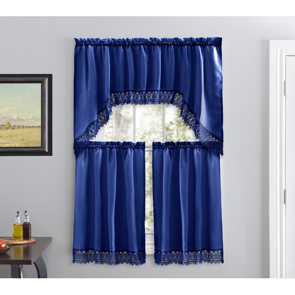 American Linen Café Curtains for Kitchen, Bathroom Curtains with Valance, Embroidered lace Border. (Navy)