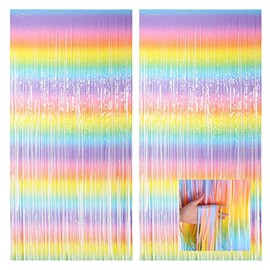 2 Pack Pastel Colourful Foil Tinsel Curtain(3.2ftx 8.2ft),Iridescent Glitter Metallic Fringe Curtain for Rainbow Party Decorations Backdrop