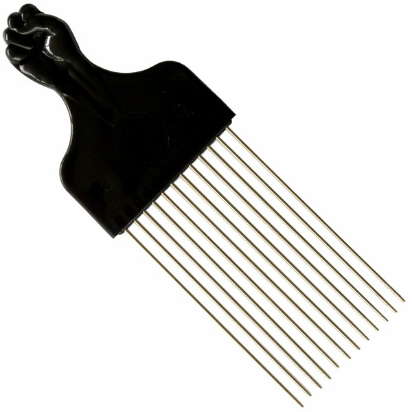 Shoe String King Long Square Afro Pick with Black Fist - Metal African American Hair Comb