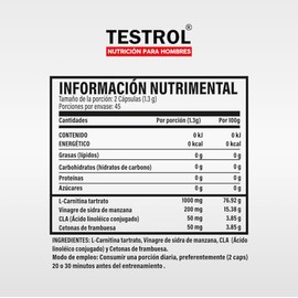 Testrol  L-Carnitina Platinum 1300 mg  Con Vinagre de Manzana, CLA y Cetonas de Frambuesa  Apoyo Metablico para Hombres y Mujeres  90 Cpsulas         