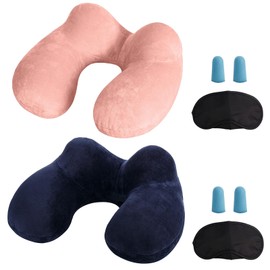 MOCOCITO Set of 2 Travel Pillows Inflatable Neck Pillow Ergonomic Inflatable Made Washable Cushion Cover Neck Pillow Ideal for Travel by Car, Plane, Train, Office (Blue + Pink)