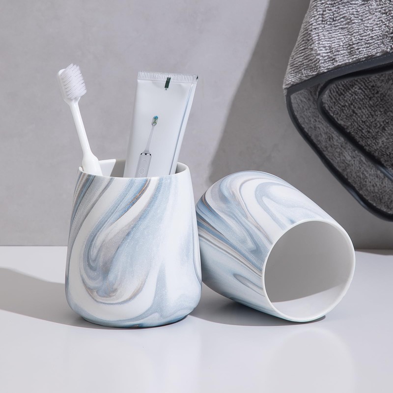2Pcs Toothbrush Holder for Bathroom - Marble Blue Ceramic Tooth