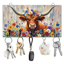 DELORIGIN Highland Cattle and Flowers Key Holder Key Hooks Wall Mounted Wooden Key Racks with 5 Hooks Key Storage Organizer House Key Hanger for Wall Decor Door Entryway Hallway Kitchen New Home Gift