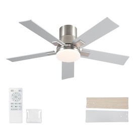 Rayqueen 42 Inch Ceiling Fans with Lights and Remote,Flush Mount Brushed Nickel Ceiling Fan,6 Speed Reversible DC Motor,3CCT Dimmable LED-Low Profile Design for Bedroom, Living room & Covered Outdoor
