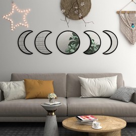 YOAYO Moon Phase Mirror Set - 5 Piece Scandinavian Boho Decor Moon Wall Mirror - Moon Mirror Wall Decor Bedroom Bohemian Wall Decoration Wall Mirror for Home Living Room Bedroom Decor (Black)