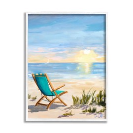 Stupell Industries Folding Chair Sunset Beach Landscape Summer Ombre Sky, Designed by Julie DeRice White Framed Wall Art, 11 x 14, Blue