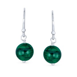 Simple Round Bead Dark Green Malachite Gemstone French Fish Hook Wire Ball Drop Earrings For Women Teen.925 Sterling Silver