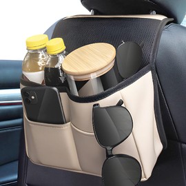 Car Back Seat Organizer, Waterproof PU Leather Car Hanging Storage Bag, Multipurpose Front & Backseat Car Seat Storage Organizer, Universal Interior Car Accessories for Most Vehicles (Beige)