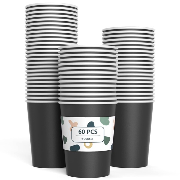 JINLE Pack of 60 Black Disposable Paper Cups, 250 ml White Party Cups, Biodegradable Drinking Cups for Wedding, Children DIY, Party Supplies, Coffee, Tea, Hot and Cold Drinks