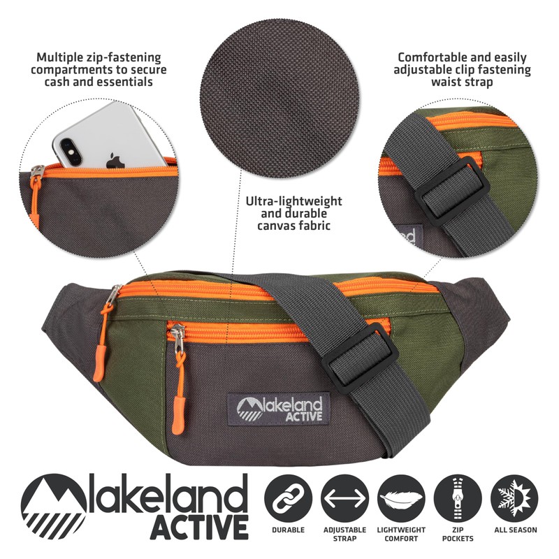 Lakeland Active Mossband Lightweight Bum Bag - Green/Grey/Orange