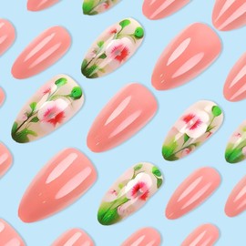 24 PCS Summer Press on Nails Medium Almonds Fake Nails Press Ons Acrylic Nail Art Kit Glue on Nails Nail Tips Full Cove Pink False Nails with Cute Flowers Design Reusable Stick on Nails for Women