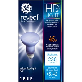 GE Lighting Reveal HD R20 Indoor Flood Light Bulb, Dimmable, 45-Watt, 230 Lumen, Medium Base, 1-Pack