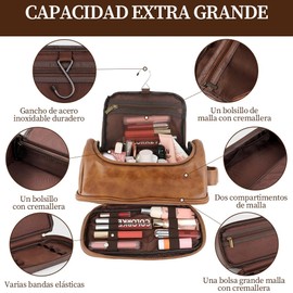 Neceser para Hombre de Cuero Organizador de Viaje con Gancho para Colgar, Gran Capacidad e Impermeable Organizador de Maquillaje y Herramientas de Afeitado para Artículos de Baño y Cosméticos.(Negro)