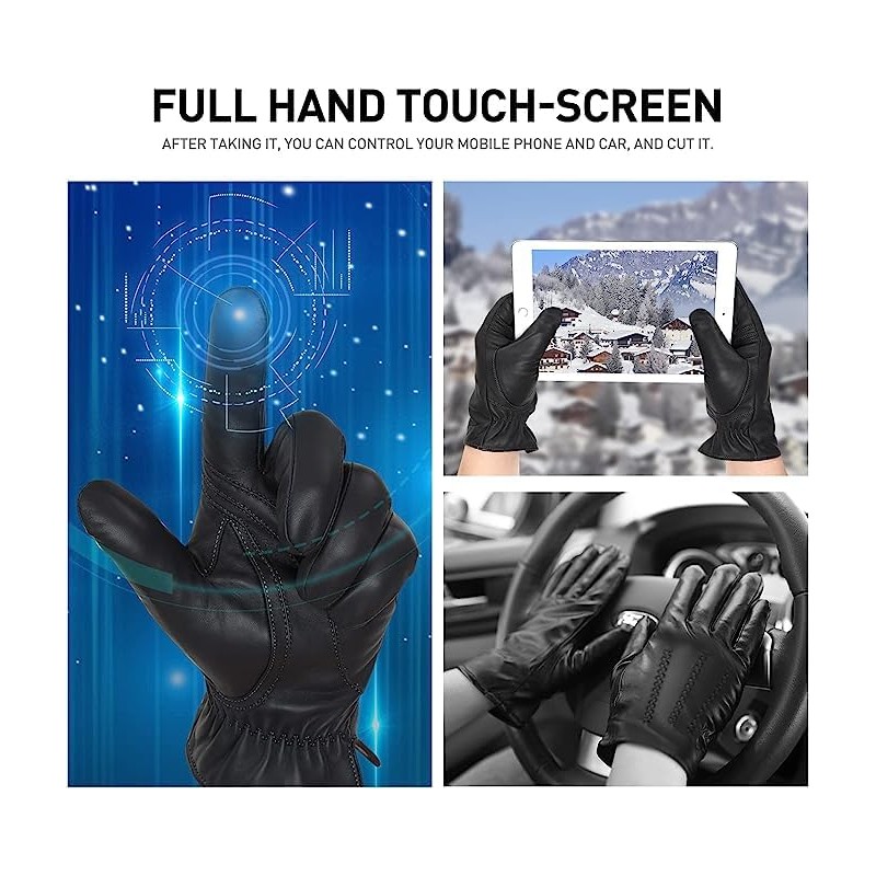 BISON DENIM Winter Genuine Sheepskin Leather Gloves for Men, Touchscreen