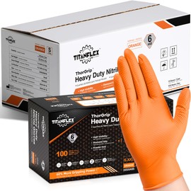 TitanFlex Heavy Duty Nitrile Gloves with Raised Diamond Texture, Orange Mechanic Disposable Gloves, 6 mil，Large, Box of 1000, Latex Free, Powder Free Work Gloves