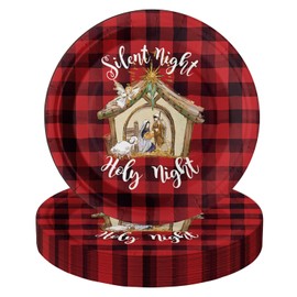 Horaldaily 40Pcs Christmas Paper Plates, Red Buffalo Plaid Silent Holy Night Plates for Party Birthday Holiday Dinner Event Disposable Tableware Supplies Decor, 9lnch