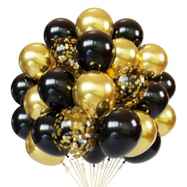 Black and gold Confetti Balloons, 60pcs 12 Inches Gold and Black Party Balloons with 1 Ribbon for Graduation Birthday Baby Shower Wedding Party Decorations