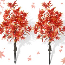 Lunmon 2 Pcs 3Ft Autumn Artificial Maple Tree, Realistic Fall Maple Plants with Ground Spikes Silk Leaves Faux Autumn Tree for Fall Thanksgiving Home Decor Office Indoor Outdoor Gift(Yellow, Dark Red)