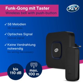 REV Piezo Wireless Bell with Light Signal, 58 Melodies, 4 Levels Volume, Max. 110 dB, Wireless Doorbell, 100 m Range, Black