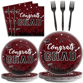 gisgfim 24 Guest Graduation Party Plates Napkins Supplies Maroon Congrats Grad Tableware Set Class of 2025 Disposable Paper Plates Napkins Forks for Grad Party Decorations