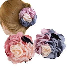 Fodattm 2PCS Women Flower Hair Clips Hair Claw Elegant Beauty Ribbon Jaw Clip Headwear Hair Jewelry (Pink/ Purple)