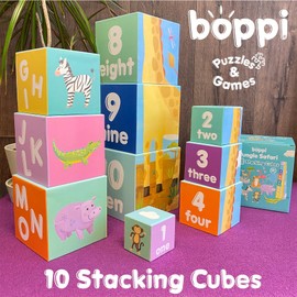 boppi Baby Stacking Blocks Jungle Safari Animal Toys with Letters and Numbers, Montessori Cubes for Toddlers, Preschool Learning Toys