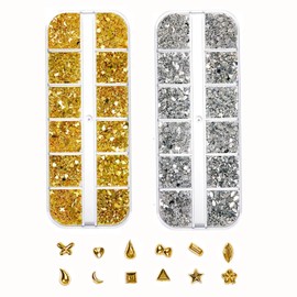 pilviz Nail Parts, Metal, Color Deco, Art, 3D, 3D, Studs, Various Types, Moon, Rectangular, Teardrop, Ribbon, Heart, Butterfly, Flower, Square, Star, Triangle, Horse's Eye, Case Included, Gold, Silver