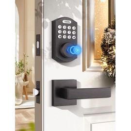 Tinewa Round Keyless Entry Door Lock with 2 Lever Handles, Fingerprint Entry Door Handleset,Keypad Deadbolt with App, Auto Lock & One Touch Locking, Front Smart Door Handle Sets, Oil Rubbed Bronze