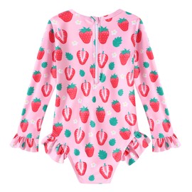 Girls Bathing Suit Baby Swimsuit Girl Long Sleeve One Piece Ruffle Zipper UPF 50+ Rash Guard Swimwear Strawberry 2t Bathing Suit Toddler Girls