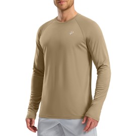 Pudolla Mens Long Sleeve Running Shirts Quick Dry SPF Rash Guard Lightweight Hiking Workout Sun Protection Tee(Khaki L)