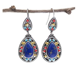 CUSIOALQQ 925 Sterling Silver Dangle Drop Earring Turquoise Gemstone Charm Earrings for Women Girls Large Teardrop Dangle Statement Earring Multicolor Western Bohemia Vintage Jewelry Gift