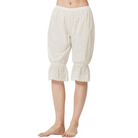 BEAUTELICATE Women Cotton Pantaloons Costume Bloomers Vintage Pettipants with Lace Ruffle Hem, Cream No Lining, Medium