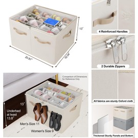 Shoe Organizer for Closet 2 Pack, Foldable Shoe Box with Adjustable Dividers and Clear Cover, Space Saving Shoe Storage Organizer Cabinet with Reinforced Handles, Fits 32 Pairs Beige TP12Y