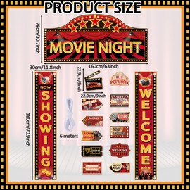Naozinebi 15Pcs Movie Night Decorations Set Movie Theme Door Banner with Awning Movie Theater Directional Signs Welcome Now Showing Hanging Porch Sign Backdrop for Film Theme Birthday Party Home Decor