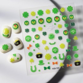 St. Patrick’s Day Nail Art Stickers Green Clover Nail Stickers 5D Embossed Shamrock Nail Decals Lucky Four Leaf Clover Bow Hat Nail Art Design Spring Summer Nail Accessories for Women Nail Decoration