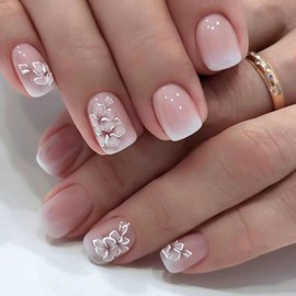 KQueenest French Nägel zum Aufkleben Kurz Mittel Eckig - Ombré Rosa Press On Nails mit Blumen Gestaltung, French Fake Nails Künstliche Fingernägel, Niedlich Sommer Acryl Nägel für Frauen